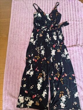 Kaileigh Black Floral Wide-Leg Jumpsuit with Tie Waist